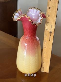 Victorian Cased Art Glass 10 1/4 Vase, Amber Rim, Drapery Pattern, c. 1900