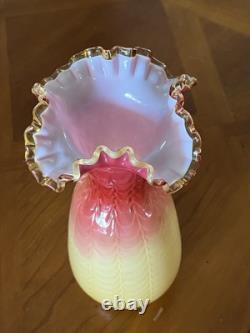 Victorian Cased Art Glass 10 1/4 Vase, Amber Rim, Drapery Pattern, c. 1900