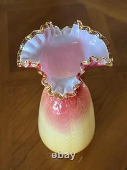 Victorian Cased Art Glass 10 1/4 Vase, Amber Rim, Drapery Pattern, c. 1900
