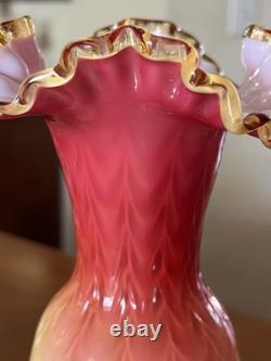 Victorian Cased Art Glass 10 1/4 Vase, Amber Rim, Drapery Pattern, c. 1900