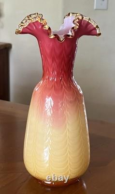 Victorian Cased Art Glass 10 1/4 Vase, Amber Rim, Drapery Pattern, c. 1900
