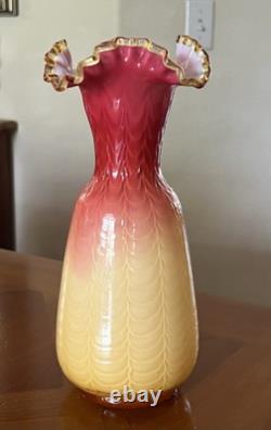 Victorian Cased Art Glass 10 1/4 Vase, Amber Rim, Drapery Pattern, c. 1900