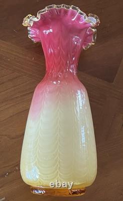 Victorian Cased Art Glass 10 1/4 Vase, Amber Rim, Drapery Pattern, c. 1900