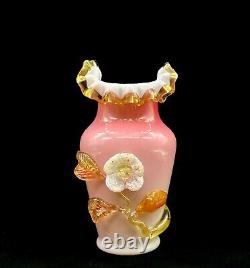 Victorian Glass Vase Steven And Williams Pink Overlay Applied Floral Decor