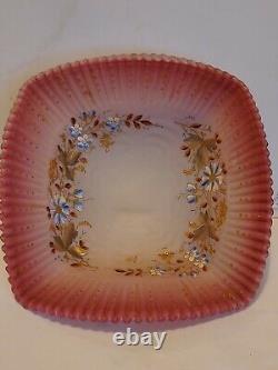 Victorian Peach Blow / pink Art Glass Hand Painted Centerpiece Square Bowl