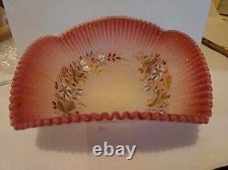 Victorian Peach Blow / pink Art Glass Hand Painted Centerpiece Square Bowl