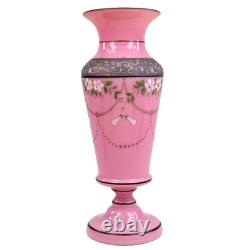 Victorian Pink Opaline Glass Vase Raised Enamels Silver Band h23cm Circa 1890
