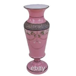 Victorian Pink Opaline Glass Vase Raised Enamels Silver Band h23cm Circa 1890