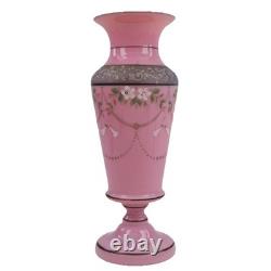 Victorian Pink Opaline Glass Vase Raised Enamels Silver Band h23cm Circa 1890
