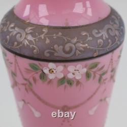 Victorian Pink Opaline Glass Vase Raised Enamels Silver Band h23cm Circa 1890