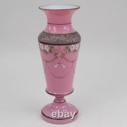 Victorian Pink Opaline Glass Vase Raised Enamels Silver Band h23cm Circa 1890