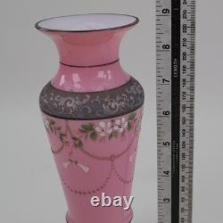 Victorian Pink Opaline Glass Vase Raised Enamels Silver Band h23cm Circa 1890