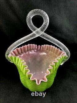 Victorian Rose & Green Cased Diamond Quilted Glass Basket with Twisted Handle