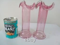 Victorian pink Cranberry Glass Vase Frilly Top pair antique glass ribbed