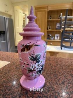 Victorian pink opaline glass covered vase with hand-painted enamel decoration
