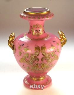 Victorian pink opaline glass vase. Raised gilding enamel decor. Harrach Moser