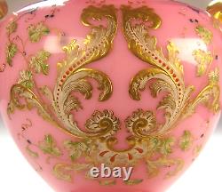 Victorian pink opaline glass vase. Raised gilding enamel decor. Harrach Moser