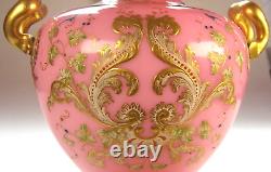 Victorian pink opaline glass vase. Raised gilding enamel decor. Harrach Moser