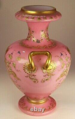 Victorian pink opaline glass vase. Raised gilding enamel decor. Harrach Moser