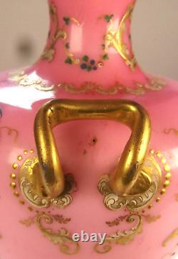 Victorian pink opaline glass vase. Raised gilding enamel decor. Harrach Moser