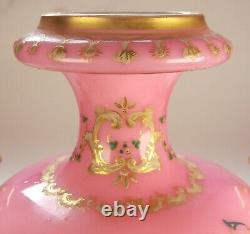 Victorian pink opaline glass vase. Raised gilding enamel decor. Harrach Moser