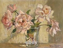 Vintage 1930's French Impressionist Signed Oil Pink Roses In Glass Vase