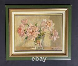 Vintage 1930's French Impressionist Signed Oil Pink Roses In Glass Vase