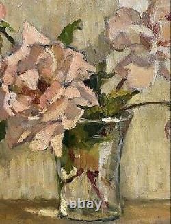 Vintage 1930's French Impressionist Signed Oil Pink Roses In Glass Vase