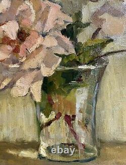 Vintage 1930's French Impressionist Signed Oil Pink Roses In Glass Vase