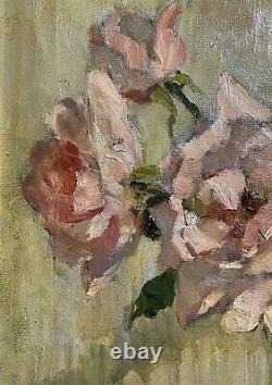 Vintage 1930's French Impressionist Signed Oil Pink Roses In Glass Vase