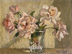 Vintage 1930's French Impressionist Signed Oil Pink Roses In Glass Vase