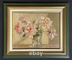 Vintage 1930's French Impressionist Signed Oil Pink Roses In Glass Vase