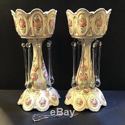 Vintage 1930s Pair Luster Lamps, Pink Roses, Tear Drop Crystals, 13 T Bohemian