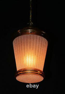 Vintage 1940s French art deco hand-moulded gilt glass bronze brass pendant light