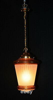 Vintage 1940s French art deco hand-moulded gilt glass bronze brass pendant light