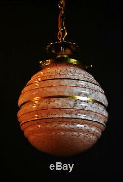 Vintage 1940s art deco antique marbled cased glass, bronze & brass pendant light