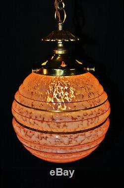 Vintage 1940s art deco antique marbled cased glass, bronze & brass pendant light