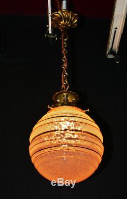 Vintage 1940s art deco antique marbled cased glass, bronze & brass pendant light