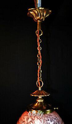 Vintage 1940s art deco antique marbled cased glass, bronze & brass pendant light