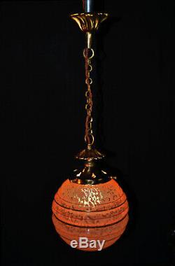 Vintage 1940s art deco antique marbled cased glass, bronze & brass pendant light