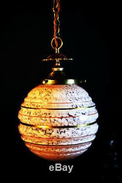 Vintage 1940s art deco antique marbled cased glass, bronze & brass pendant light