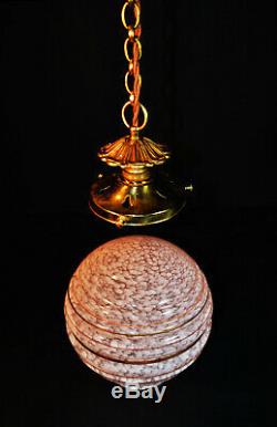 Vintage 1940s art deco antique marbled cased glass, bronze & brass pendant light