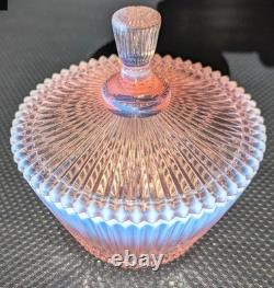Vintage 1950s Fenton 5 Pink Opalescent Vertical Ribbed Bowl w Lid Marked Fenton