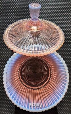 Vintage 1950s Fenton 5 Pink Opalescent Vertical Ribbed Bowl w Lid Marked Fenton
