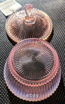 Vintage 1950s Fenton 5 Pink Opalescent Vertical Ribbed Bowl w Lid Marked Fenton