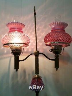 Vintage 1950s Fenton Double Student Floor Lamp Cranberry Hobnail Opalescent