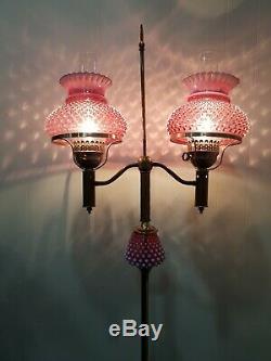 Vintage 1950s Fenton Double Student Floor Lamp Cranberry Hobnail Opalescent