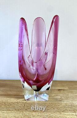 Vintage 1960's Iwatsu Hineri Japanese Art Glass Fazzoletto Vase 28cm Tall Pink