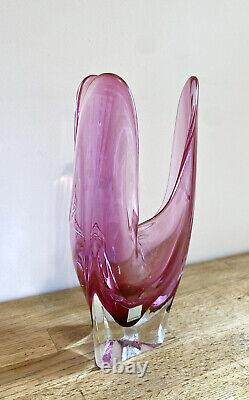 Vintage 1960's Iwatsu Hineri Japanese Art Glass Fazzoletto Vase 28cm Tall Pink