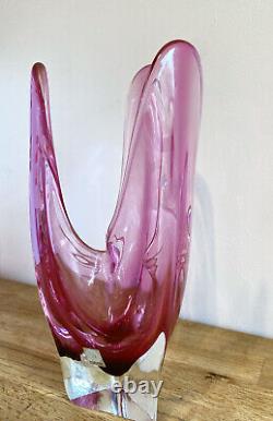 Vintage 1960's Iwatsu Hineri Japanese Art Glass Fazzoletto Vase 28cm Tall Pink